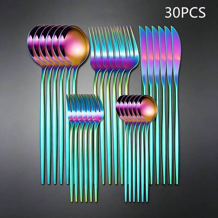 30PCS Juego de cubiertos de acero inoxidable de, que incluye cuchillo para carne, tenedores, cucharas y cucharilla, tenedores de mesa, cucharas de mesa, tenedores para fruta, cucharilla pequeña para postre, cucharilla para café, adecuado para el hogar, restaurantes, hoteles, fiestas, bodas, juego de vajilla - color - Ver 1
