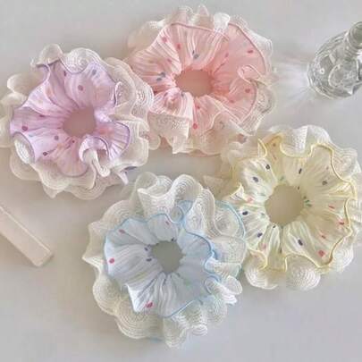 1 Stück koreanischer süßer Pünktchen-Spitzen Doppellagen Haargummi, lässiger großer Dutt-Halter, vielseitiges weiches Mädchen Haaraccessoire