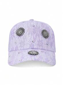 1pc Pink Lace Rhinestone Flower Baseball Cap, Breathable Mesh Adjustable Visor Hat, Sweet Luxurious Versatile Sun Hat, Summer Outing & Commute UV Protection Girlish Accessory - Baseball Cap - View 3