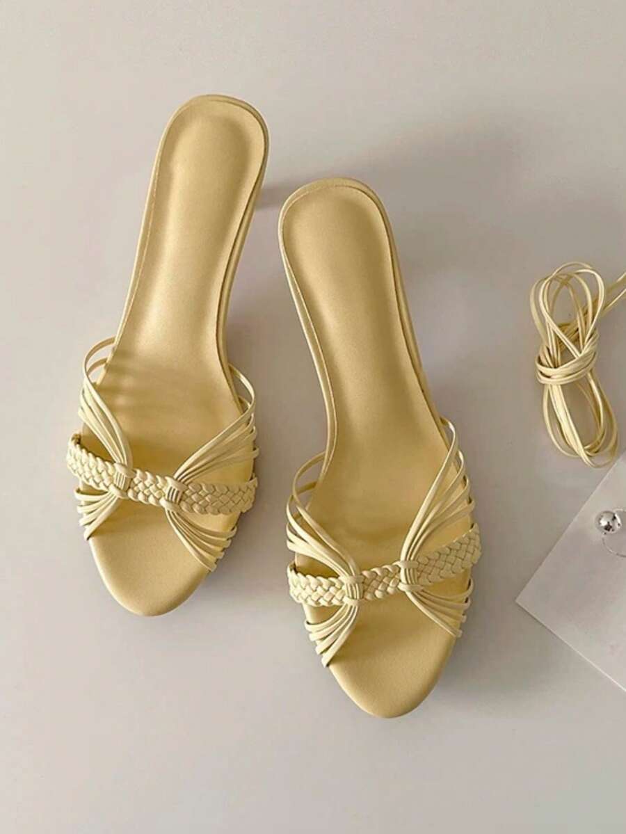 Giày sandal cao gót hở mũi quai dệt kiểu mới mùa hè - Màu vàng - Xem 1