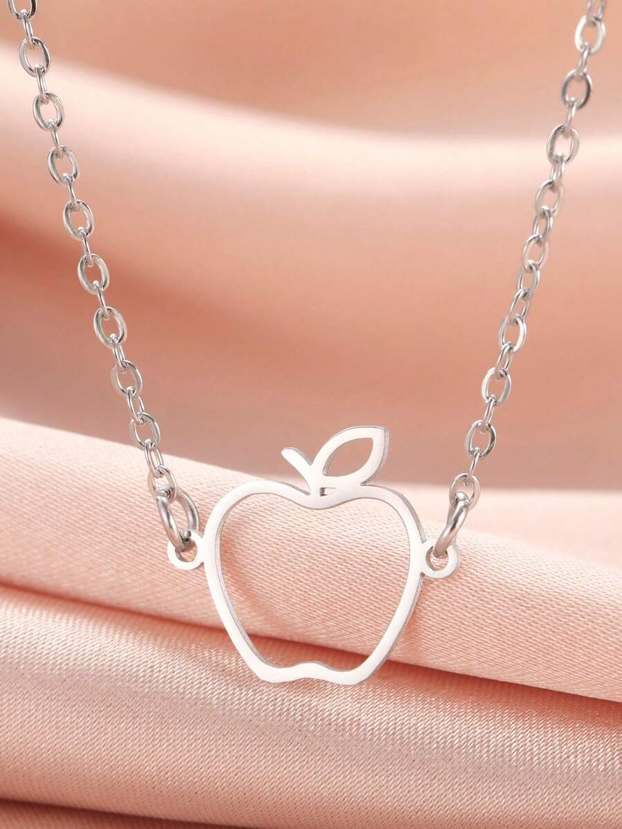 TEAMER 1pc Cute Stainless Steel Hollow Apple Pendant Necklace, Minimalist Fruit Pattern Necklace, Gift For Friends - Simple Series - View 1