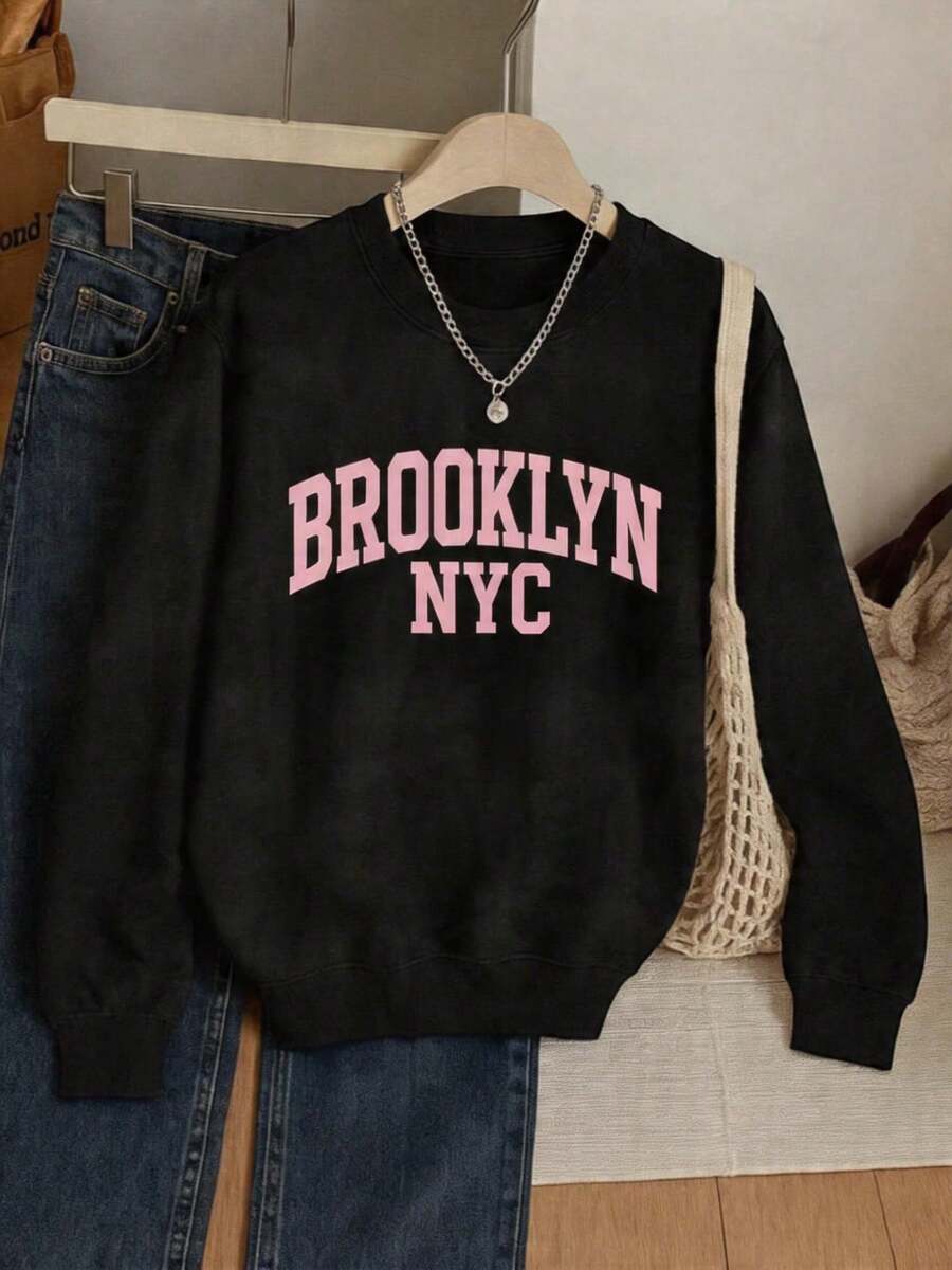 Sudadera estampada para mujer, sudadera tipo jersey para mujer, diseño de estampado creativo, cómoda y cálida, informal y versátil, envío local, ¡entrega rápida! - Negro - Ver 1