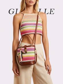 Túi xô dệt sọc cầu vồng phong cách Boho GLOBELLE, túi đeo chéo mùa hè lấy cảm hứng từ sợi raffia, tua rua hạt gỗ, lý tưởng cho kỳ nghỉ biển và sử dụng hàng ngày. - Màu Khaki - Xem 1