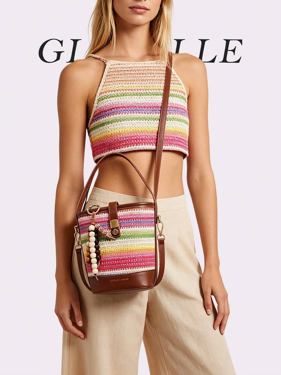 Túi xô dệt sọc cầu vồng phong cách Boho GLOBELLE, túi đeo chéo mùa hè lấy cảm hứng từ sợi raffia, tua rua hạt gỗ, lý tưởng cho kỳ nghỉ biển và sử dụng hàng ngày. - Màu Khaki - Xem 1