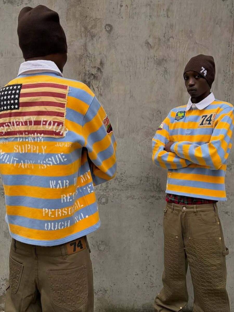 Men's Yellow & Blue Striped Rugby Shirt, "74" Patch American Flag Back Print Cropped Polo - Yellow - View 1