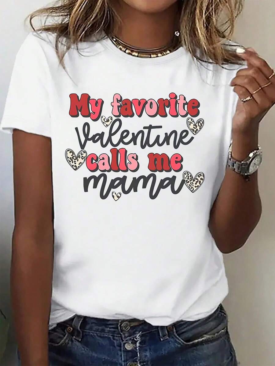 Ladies' Casual T-Shirt | My Favorite Valentine Calls Me Printed T-Shirt, Comfortable And Breathable, Perfect For Sports And Outdoor Activities, Y2K Style, Suitable For Couples And Gifts - 白色 - 查看 1