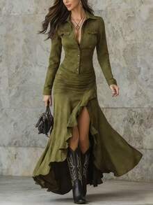 Long Dress With A Zip Flap, Asymmetrical Ruffle Cutouts, And An Open Fork. - 綠色 - 查看 6