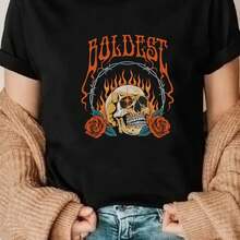 Unisex T-Shirt Made From Pure Cotton, A New One-Piece Spring And Summer T-Shirt With A Crew Neck, A Skull And Flame Rose Design, And A Rock-Style Print. This Short-Sleeved T-Shirt Is Suitable For Women's Running Activities In Spring And Summer. It Is Made From Comfortable, Soft Material And Is A Summer T-Shirt, Blouse, Basic Top, Or Top With A Creative Design, Ideal For Outdoor Activities, With A Cool Style And Fun Design. Perfect For Outdoor Games. - Black - View 1