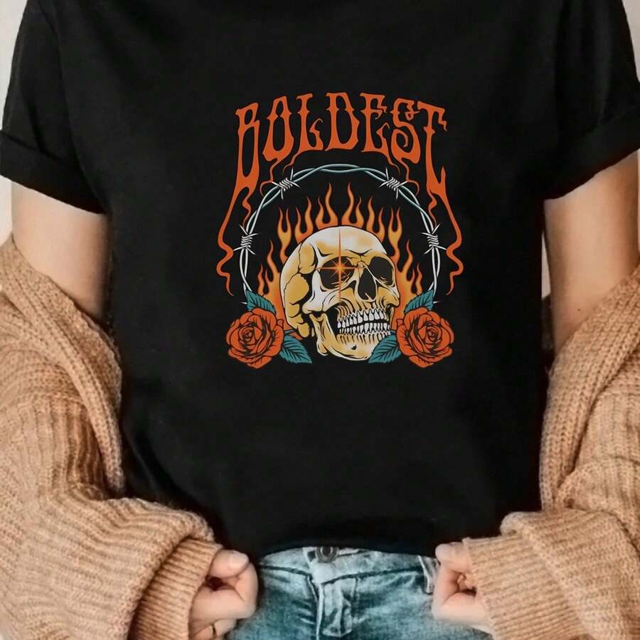 Unisex T-Shirt Made From Pure Cotton, A New One-Piece Spring And Summer T-Shirt With A Crew Neck, A Skull And Flame Rose Design, And A Rock-Style Print. This Short-Sleeved T-Shirt Is Suitable For Women's Running Activities In Spring And Summer. It Is Made From Comfortable, Soft Material And Is A Summer T-Shirt, Blouse, Basic Top, Or Top With A Creative Design, Ideal For Outdoor Activities, With A Cool Style And Fun Design. Perfect For Outdoor Games. - Black - View 1