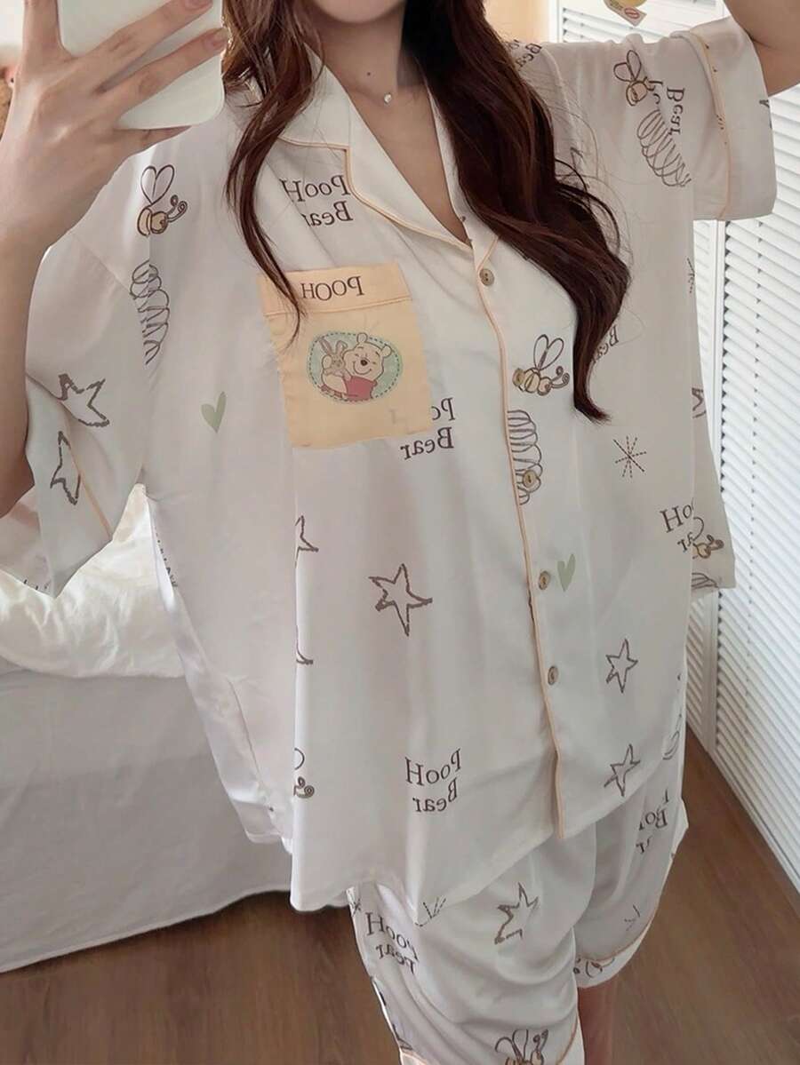 Gongdie Disney 2件組迪士尼女款夏季睡衣,短袖柔軟居家服,印有小熊維尼圖案 - 米色 - 查看 1