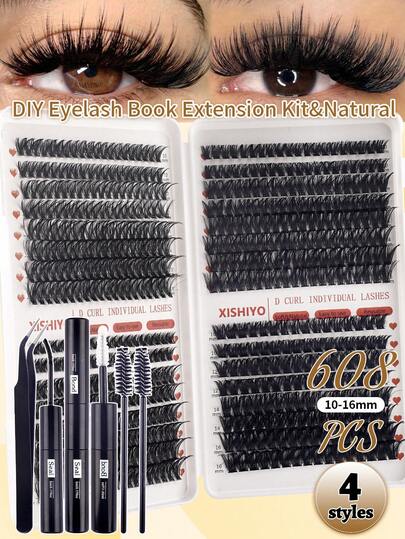 640/640/608pcs Cluster High Capacity Fake Lashes Extensions Book, Long Lasting Fakse Lashes With Bond And Seal, Tweezers, Mascara Wands, Beginner Frindly Fake Lashes Set, Soft Fluffy False Eyelashes Kit, Reusable Realistic Eyelash Book Large Capacity Natural Look False Lashes Diy At Home, Bundle Cluster Eyelash Extensions Kit, Suit For Daily,Photography,Wedding Eyes Makeup Beauty