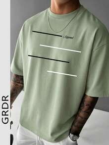 GRDR Men's Summer Casual Healing Style Line Print Round Neck Short Sleeve T-Shirt - Olive Green - View 2