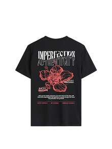 女款復古美式風芙蓉花與「Imperfect」標語印花T恤，寬鬆修身顯瘦黑色度假休閒夏季款 - 黑色 - 查看 3