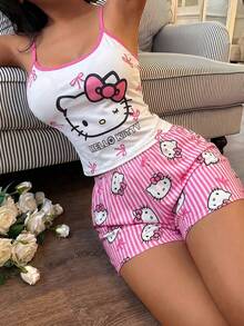 SANRIO 2件組 Hello Kitty 圖案女款睡衣套裝，柔軟細肩帶背心與短褲睡衣，舒適休閒居家服 - 玫紅色 - 查看 6