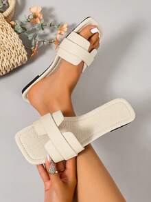 Ximi Ruo New Spring/Summer Fashion Casual Strap Slide Sandals, Comfortable Flat Heel Round Toe Beach Slippers, Versatile Slip-On Sandals For Women - Beige - View 3