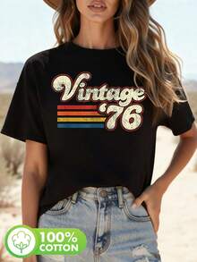 Y-V Retro 76 cumpleaños vintage impresa camiseta, manga corta cuello redondo top casual, adecuado para verano y primavera, ropa de mujer - Negro - Ver 2