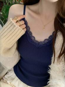 蕾丝吊带背心，V领针织上衣，蕾丝拼接设计，适合冬季、圣诞节、春新年等休闲夏季穿着。 - 寶蘭色 - 查看 2
