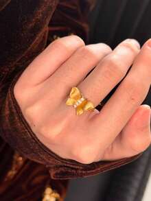 1 pieza Anillo abierto de mariposa con circonita cúbica retro, elegante y lujoso, adecuado para el uso diario de las mujeres - Dorado - Ver 7