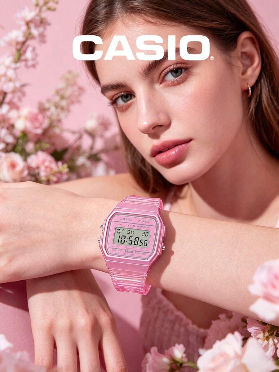 Casio F-91WS-4 Pink Transparent Jelly Digital Watch Clear Resin Girly Kawaii Alarm Chrono Unisex Water Resistant Cute Aesthetic Coquette Soft Girl Style Shopping Date Kpop Concert Gift for Girlfriend Sister Daughter - 粉色 - 查看 1