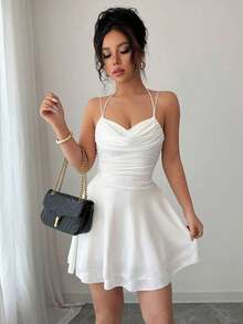 Vestido rosa color sexy con espalda descubierta y sin mangas, con pliegues, ideal para cumpleaños, conciertos, citas nocturnas, verano, fiestas de piscina y graduación - Blanco - Ver 1