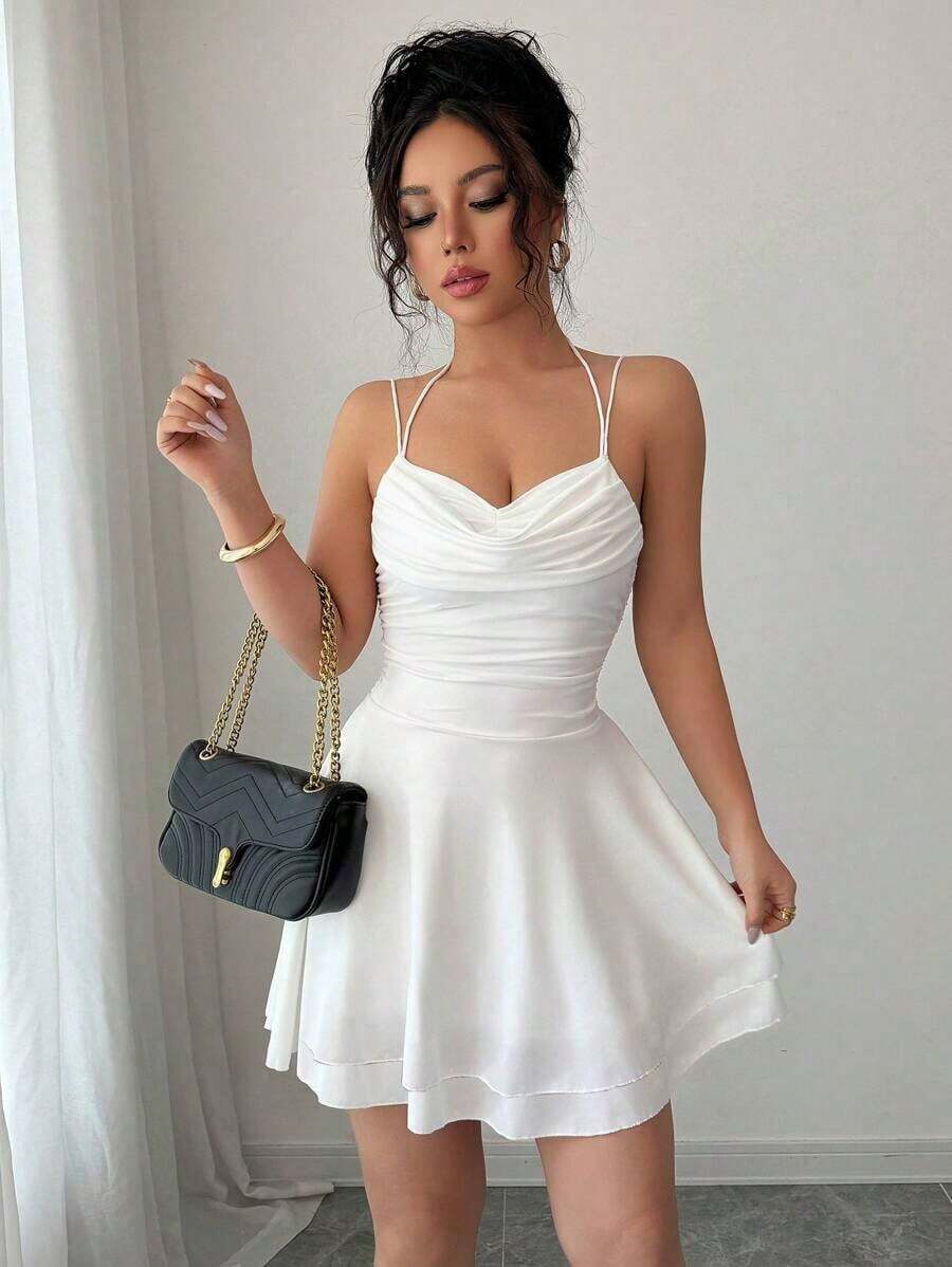 Vestido rosa color sexy con espalda descubierta y sin mangas, con pliegues, ideal para cumpleaños, conciertos, citas nocturnas, verano, fiestas de piscina y graduación - Blanco - Ver 1