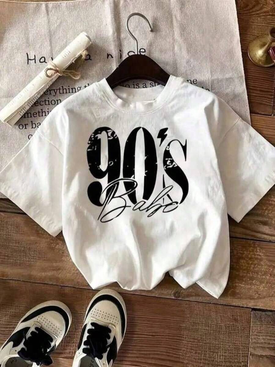 Women's Casual Graphic Print Basic T-Shirt, Short Sleeve, Round Neck, Relaxed, Comfortable, Versatile, Cool, Lightweight Retro 90s Baby Grunge Street Style Aesthetic. Loose, Casual And Versatile Top T-Shirt. Set Not Included, 1 T-Shirt - 白色 - 查看 1
