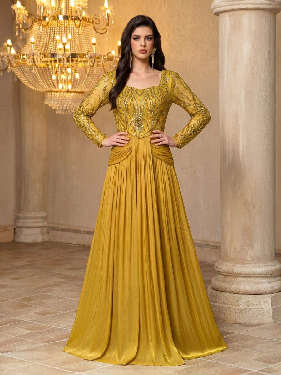 UNITHORSE [Cắt ngẫu nhiên] Đầm dạ hội giả lụa cổ tim tay dài thắt eo đính sequin và các mảng vải ghép - Màu vàng - Xem 1