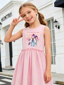 Girls Soft Pink Sleeveless Sparkling Star Cartoon Character Team & Lovely Kitty Print A-Line Dress, Kids Light Sleeveless Outfit For Stage Performance, Dance Recital, Talent Show, School Show & Casual Summer Daily Wear - 粉色 - 查看 1