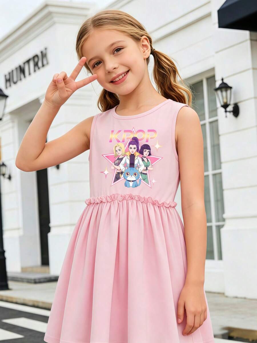 Girls Soft Pink Sleeveless Sparkling Star Cartoon Character Team & Lovely Kitty Print A-Line Dress, Kids Light Sleeveless Outfit For Stage Performance, Dance Recital, Talent Show, School Show & Casual Summer Daily Wear - 粉色 - 查看 1
