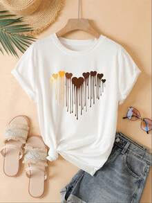 Europa y América simple moda cuello redondo suelto ajuste versátil casual primavera / verano corto Sve camiseta con gradiente patrón del corazón de las mujeres - Blanco - Ver 2