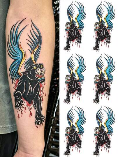 6 hojas de tatuajes temporales de gran tamaño para hombres, estilo old school de alas de leopardo negro, tatuajes falsos impermeables para mangas, duran de 2 a 5 días, cubren cicatrices, se pueden usar en brazos, muñecas, hombros, piernas, cintura, cuello, mano, pecho, muslos, dedos, adecuados para fiestas, regalos, vacaciones, decoración corporal