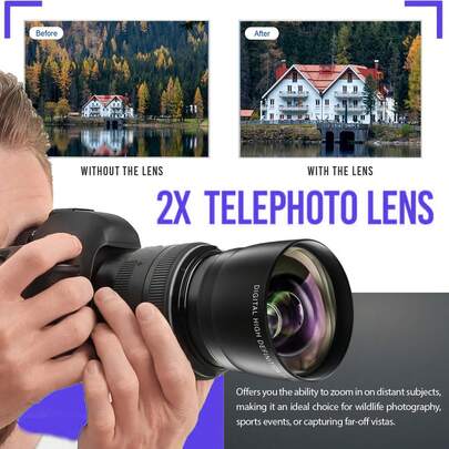 2X Telephoto Lens, 58mm Threaded Mount, Allows Closer Shooting Distance For Clearer Capture Of Subjects