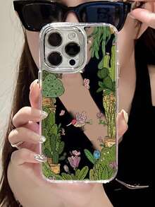 1pc Cartoon Cactus Pattern Phone Case, Fashionable, Makeup Mirror Phone Case, Mirror Phone Case, Compatible With Iphone 17 Promax/16 Promax/15 Promax/17 Pro/17/16/15/14/13/12/11 - Silver - View 5