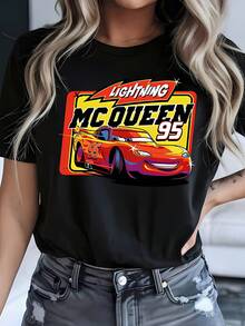 Disney Women's Casual Lightning McQueen 95 Graphic Print Cotton T-Shirt, Men's Sizes Suitable For The Whole Family - 黑色 - 查看 1