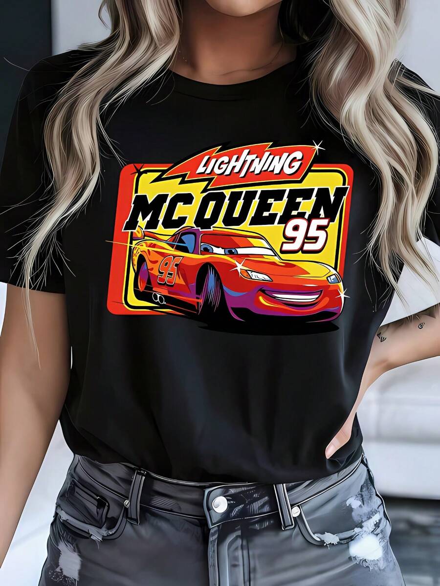 Disney Women's Casual Lightning McQueen 95 Graphic Print Cotton T-Shirt, Men's Sizes Suitable For The Whole Family - 黑色 - 查看 1
