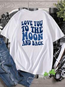 Women's Graphic T-Shirt 'I Love You To The Moon And Back' - White With Blue Text, Casual Style, Short Sleeve, Round Neck, Perfect For Everyday Wear, Lightweight And Breathable, Ideal For Summer Outings And Relaxing At Home. - 白色 - 查看 1