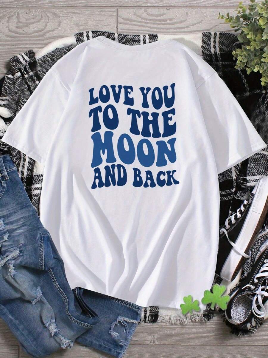 Women's Graphic T-Shirt 'I Love You To The Moon And Back' - White With Blue Text, Casual Style, Short Sleeve, Round Neck, Perfect For Everyday Wear, Lightweight And Breathable, Ideal For Summer Outings And Relaxing At Home. - 白色 - 查看 1