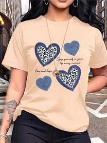 Camiseta Casual de Manga Corta con Cuello Redondo para Mujer, con Estampado Gráfico de Corazones de Guepardo para un Look Adorable WF9K - Albaricoque - Ver 2