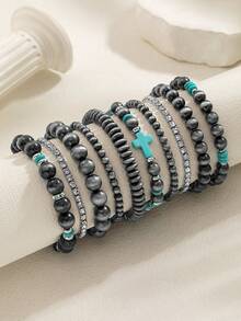 10pcs Multi-Layer Tennis Chain, Beaded Cross Bracelet Mixed Set, Vintage Elastic Wrist Chain Jewelry, Suitable For Daily, Commute And Holiday Wear - Multicolor - View 5