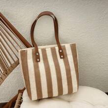 Fashionable Striped Tote Bag, Large Capacity Bucket Bag For Women - Khaki - View 1