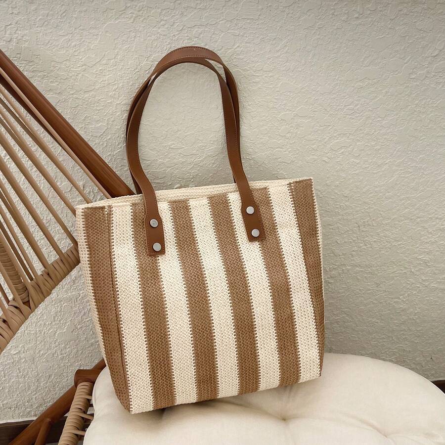 Fashionable Striped Tote Bag, Large Capacity Bucket Bag For Women - Khaki - View 1