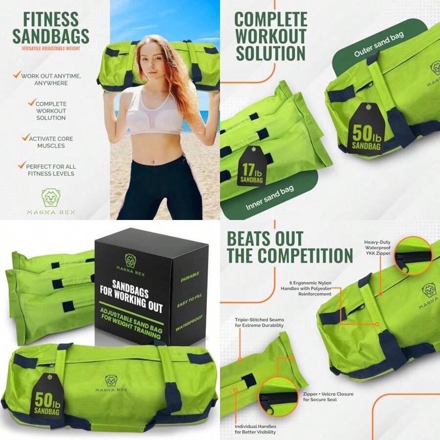 Sandbags for Working Out - 50 to 90 lbs - Adjustable Heavy Duty Equipment for Weight Training - 1 Outer 3 Inner Sandbags - Portable Tough Workout - Non Slam - Verde brillante - Ver 1