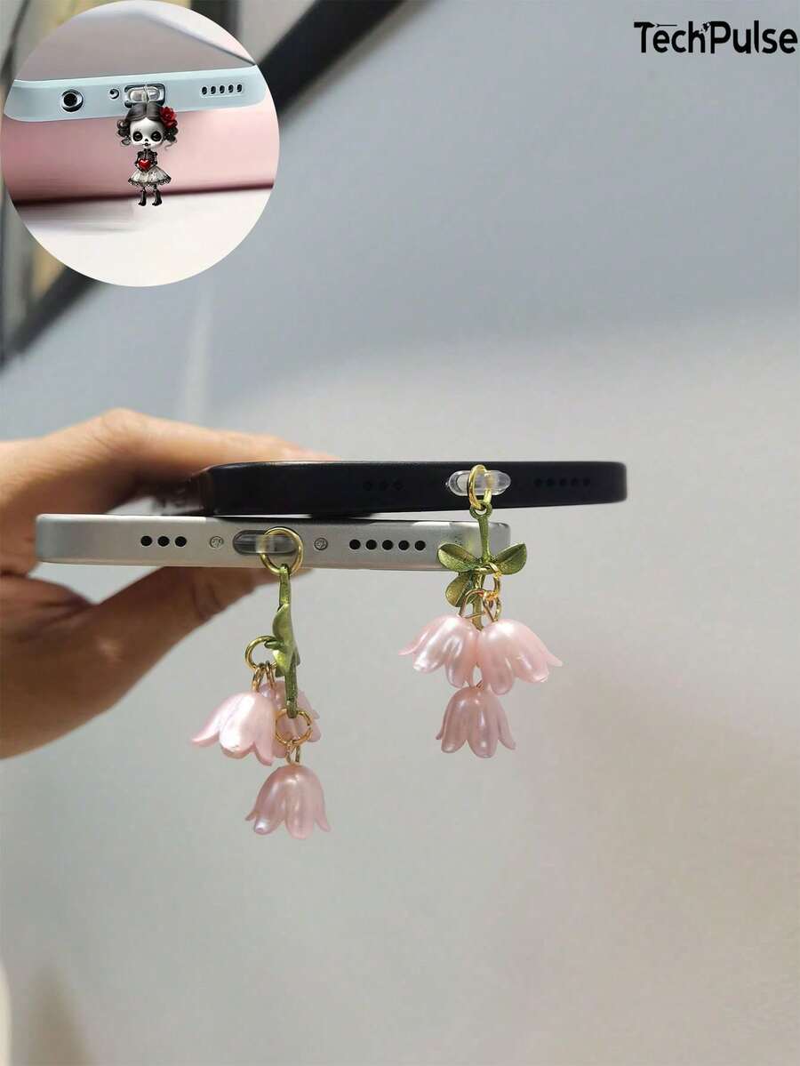 卡通可愛小女孩風鈴蘭花手機防塵塞,相容 Apple Lightning 與 Android Type-C 介面,超可愛手機裝飾吊飾 - 彩色 - 查看 1