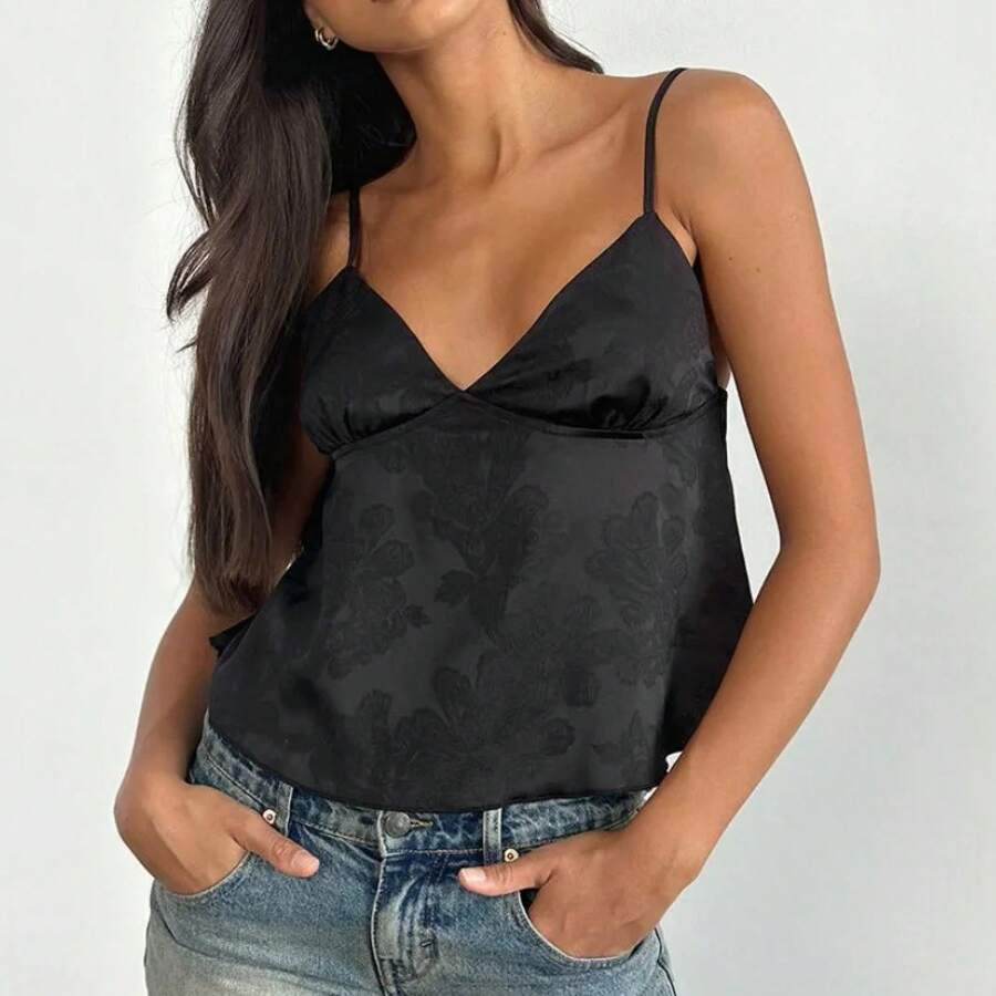 Top corto Y2K Fairy Milkmaid para mujer, camiseta sin mangas de satén con flores bonitas, Top estético Vintage de los años 90, camisetas tipo camisola, ropa de calle - Negro - Ver 1