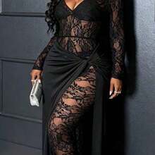 Autumn/Winter New Sexy Party & Birthday Party & Evening & Banquet & Date & Elegant Fitted Solid Black Sheer Lace Long Sleeve Bottom Patchwork Twist Waist Deep V-Neck Maxi Jumpsuit For Plus Size Women Valentine's Day Outfit - Negro - Ver 1