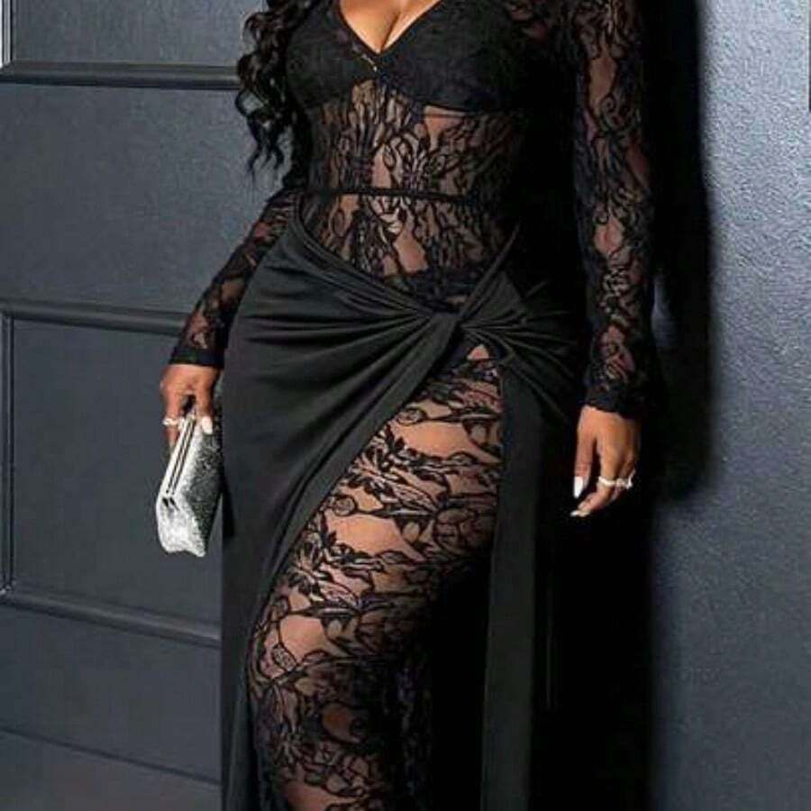 Autumn/Winter New Sexy Party & Birthday Party & Evening & Banquet & Date & Elegant Fitted Solid Black Sheer Lace Long Sleeve Bottom Patchwork Twist Waist Deep V-Neck Maxi Jumpsuit For Plus Size Women Valentine's Day Outfit - Negro - Ver 1