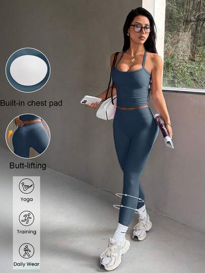 Aoqta Sports Women's Summer Solid Color Casual Sports 2-Piece Set, Spaghetti Strap Backless Cropped Tank Top And High Waist Slimming Tight Leggings, Simple Basic Outfit Suitable For Yoga, Running, Fitness, Outdoor Exercise, Daily Wear