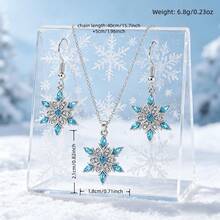 Turquoise Snowflake Faux Crystal Necklace And Earring Set, Rhinestone Embellished Unique Design Ice & Snow Theme Pendant Necklace And Earrings, Suitable For Women's Daily, Commute, Party Wear, Gift For Girlfriend/Family, Hypoallergenic Material, Festive Winter Accessory - Snowflake Set - View 11