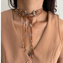 Long Silver-Plated Bridle Necklace With Small Beads, Country Western Cowgirl Boho Style, Women's Leather. - 駝色 - 查看 2