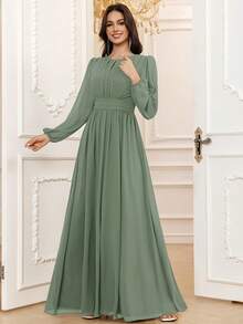 Elegant A-Line Round Neck Long Sleeve Floor-Length Chiffon Bridesmaid Dress, Wedding Guest Dress, Unlined Sleeves Spring - Eucalyptus - View 6